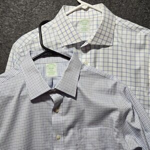 x2 Brooks Brothers 1818 Mens Slim Fit Non Iron Check Blue Dress Shirt 16.5 34